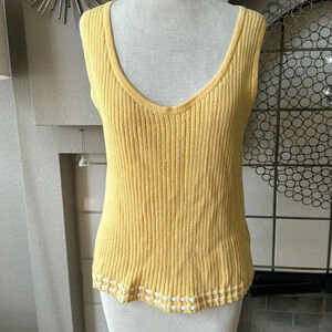 St. John Sport yellow knit tank top with double white bottom ribbon wool size XL